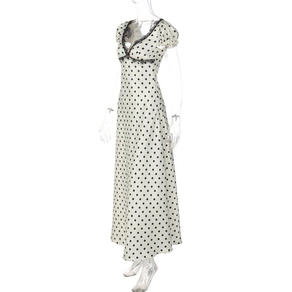 French Vintage Polka Dot Maxi Dress - Romantic Lace Trim Long Gown - Picture 7 of 11